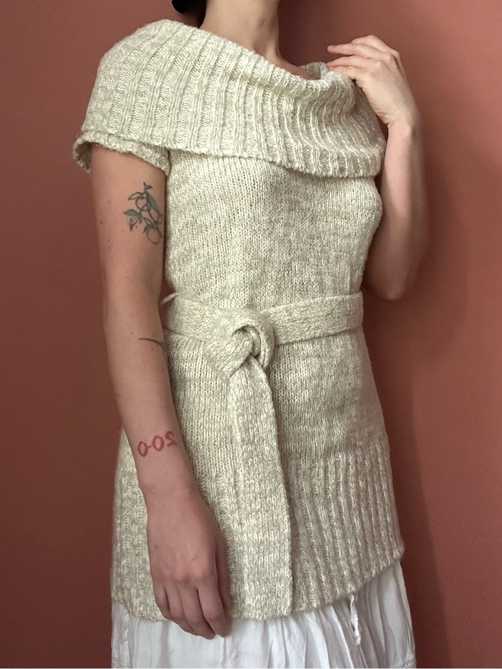 Off-Shoulder Cream Knit Belted Women's Sweater